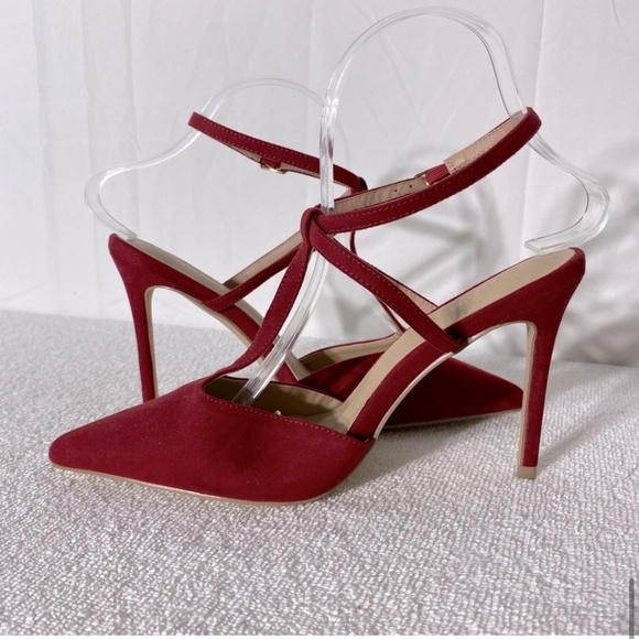5/$25 Dynamite Red Pointed Toe T Strap Sling Back Skinny Heels 38 - Picture 10 of 11